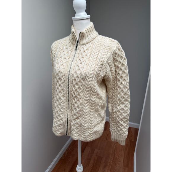 Inis Crafts Fishermens Sweater Womens Medium Cream Cable Knit Merino Wool Zip - Picture 3 of 9